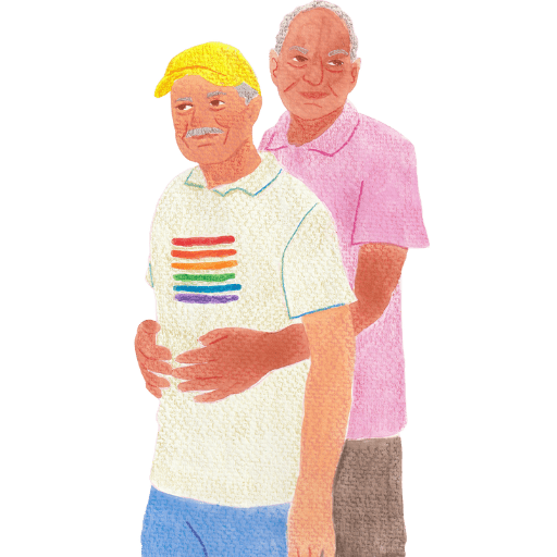 QueerPflege-LSBTIQ-Pflege Eine Illustration zweier älterer Männer, die sich umarmen, was die Bedeutung der LGBTIQ-Betreuung in Seniorengemeinschaften verdeutlicht.