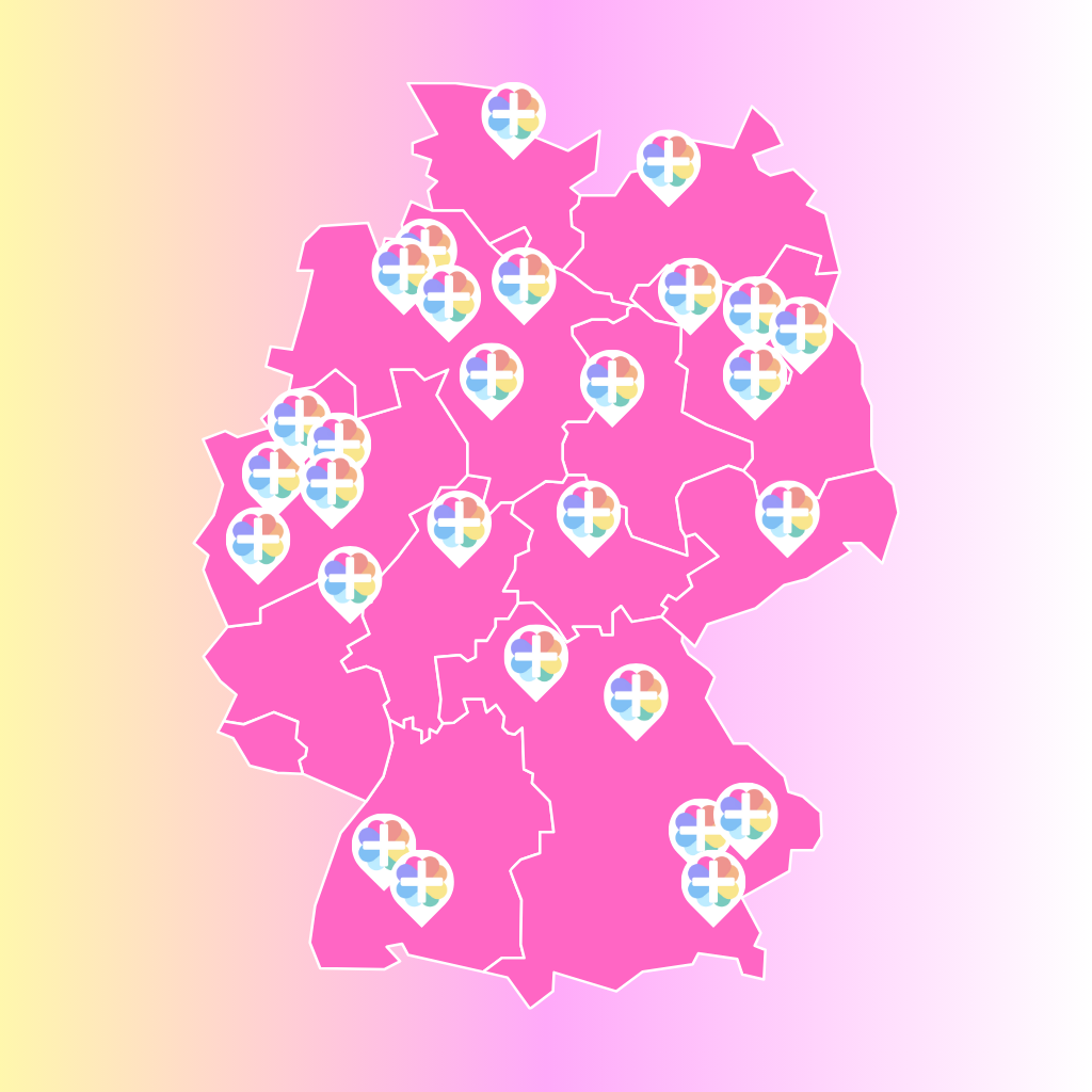 QueerPflege-LSBTIQ-Pflege Eine rosa schattierte Karte mit verschiedenen Standortmarkierungen, die jeweils ein mehrfarbiges, kreisförmiges Symbol zeigen, das queersensible Pflegedienste in verschiedenen Regionen darstellt. Der Hintergrund ist ein Farbverlauf aus Pastellfarben.