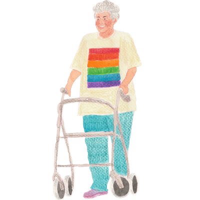 QueerPflege-LSBTIQ-Pflege Eine ältere Person mit weißem Haar, die einen Rollator benutzt, ein cremefarbenes T-Shirt mit Regenbogendesign und blaue Hosen trägt und von der engagierten Pflege für LGBTQ+ Senioren unterstützt wird.