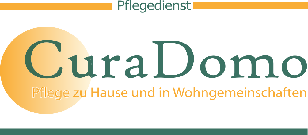 QueerPflege-LSBTIQ-Pflege Logo des CuraDomo Pflegedienstes mit dem Text „Pflege zu Hause und in Wohngemeinschaften“. Das Logo weist ein stilisiertes kreisförmiges Design auf.