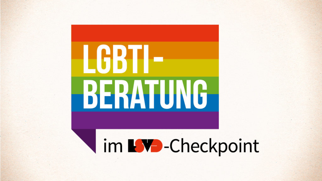 QueerPflege-LSBTIQ-Pflege Eine rechteckige Sprechblase mit Regenbogenstreifen und „LGBTI-BERATUNG“ darin. Darunter steht auf hellem Hintergrund „im L❤BE-Checkpoint“.