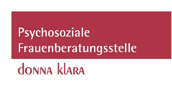 QueerPflege-LSBTIQ-Pflege Logo der „Psychosozialen Frauenberatungsstelle donna KLARA“ mit Text in Weiß auf rotem Grund.