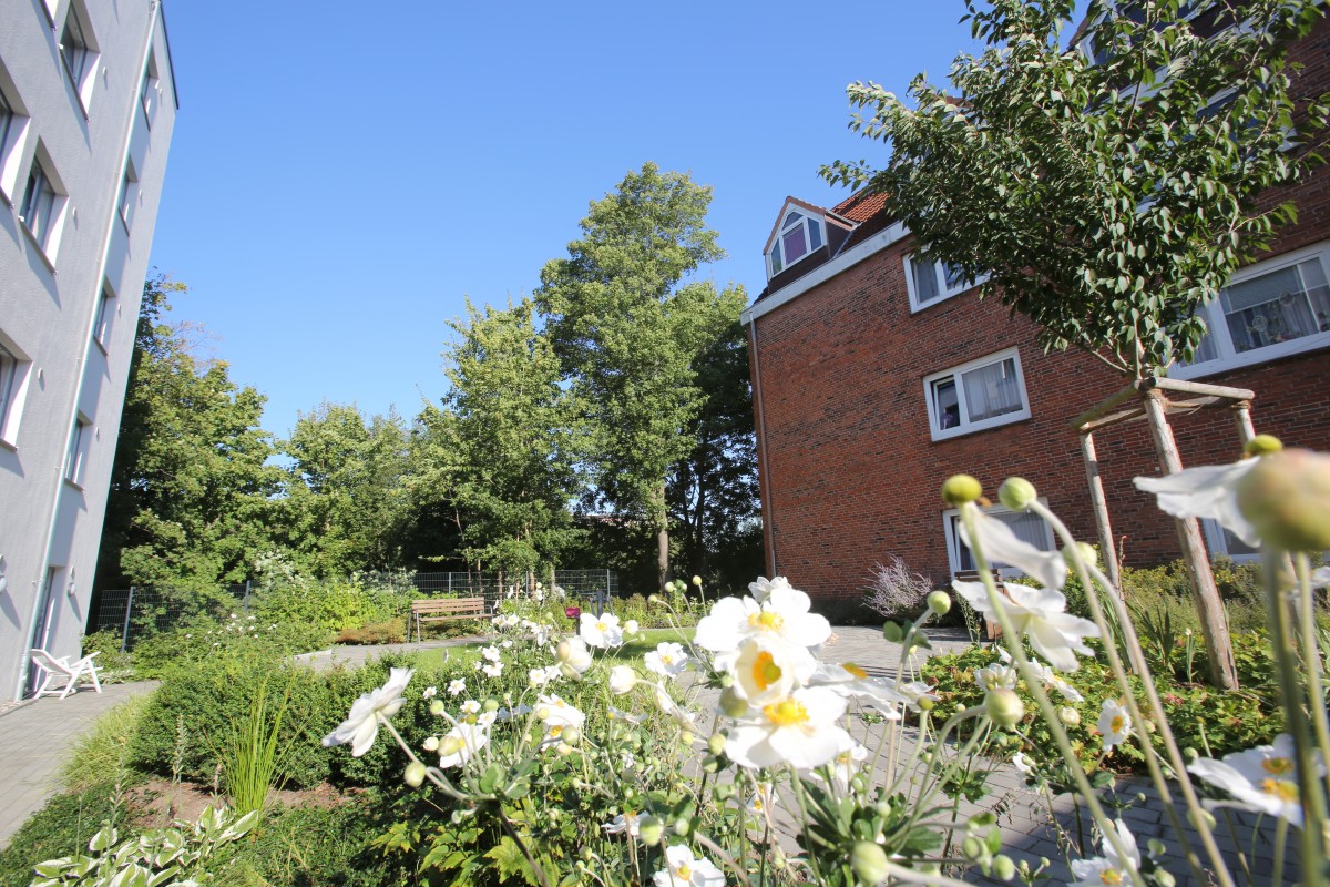 QueerPflege-LSBTIQ-Pflege Ein Backsteingebäude und ein weißes Gebäude flankieren einen Garten mit blühenden weißen Blumen und Grünpflanzen unter einem klaren blauen Himmel.