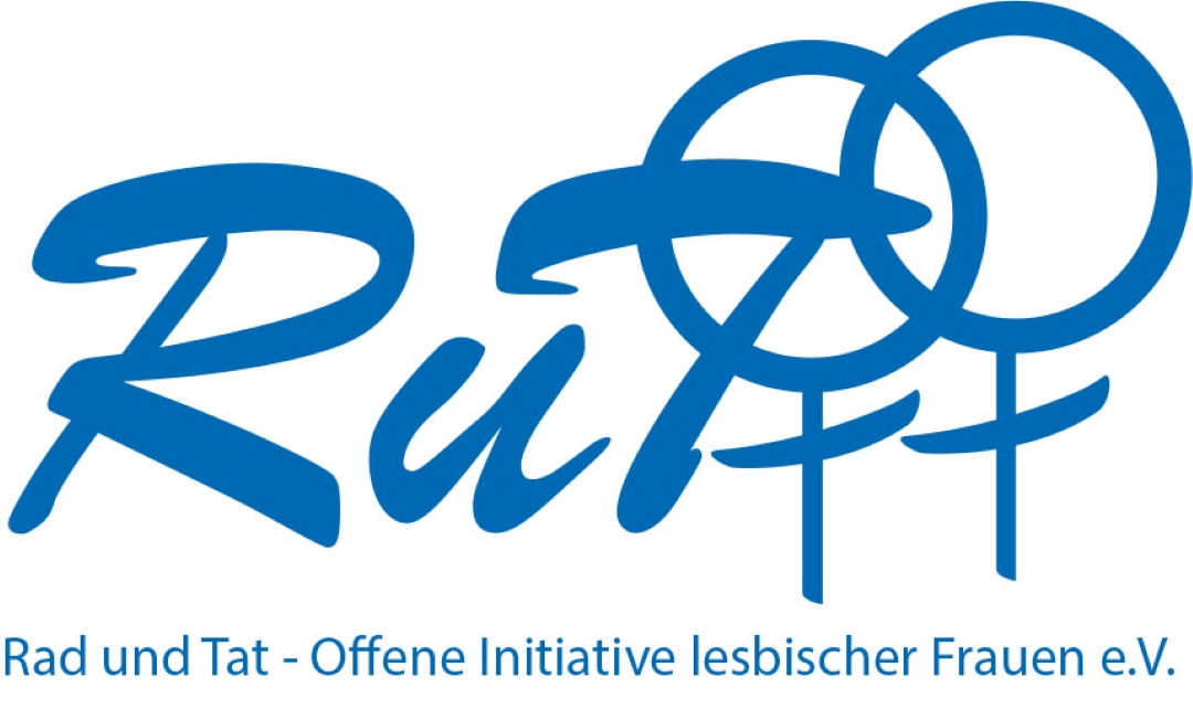 QueerPflege-LSBTIQ-Pflege Logo von „Rad und Tat – Offene Initiative lesbischer Frauen e.V.“ mit stilisiertem blauen Text „RuT“ und ineinandergreifenden weiblichen Symbolen.