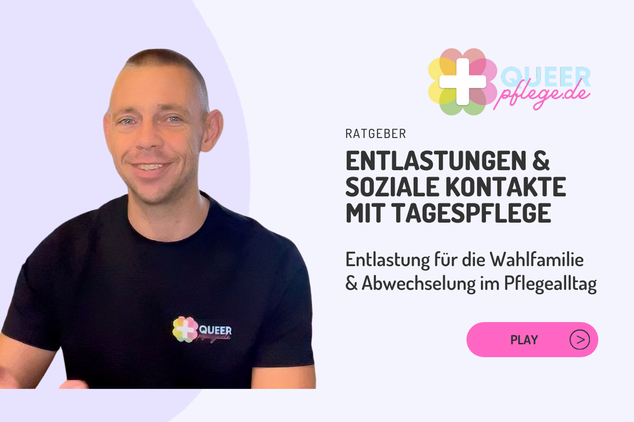 QueerPflege-LSBTIQ-Pflege Eine Person mit schwarzem Shirt und „Queer Pflege“-Logo lächelt. Der Text wirbt für einen Ratgeber zu Tagespflegeentlastung und Sozialkontakten, der Entlastung für Wunschfamilien und Abwechslung im Pflegealltag bietet.