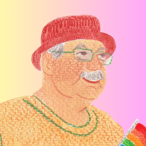 QueerPflege-LSBTIQ-Pflege Illustration eines älteren Mannes mit weißem Haar und Schnurrbart, der eine Brille, einen roten Hut und ein orangefarbenes Hemd trägt und einen bunten Gegenstand hält. Der Hintergrund ist ein Farbverlauf aus Rosa und Gelb. Dieses Bild unterstreicht die Bedeutung einer queerfreundlichen Pflege für ältere Menschen.