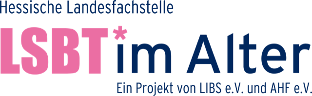 QueerPflege-LSBTIQ-Pflege Logo mit Text: „Hessische Landesfachstelle LSBT* im Alter. Ein Projekt von LIBS e.V. und AHF e.V.“ in schwarzer, rosa und marineblauer Schrift.