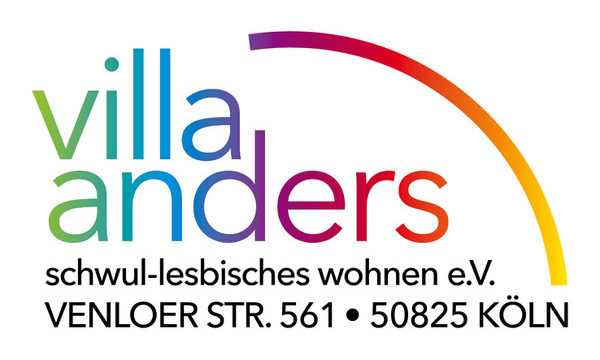 QueerPflege-LSBTIQ-Pflege Logo der „villa anders“ mit regenbogenfarbenem Text und Bogen. Darunter steht „schwul-lesbisches wohnen e.V.“ und die Adresse „Venloer Str. 561 • 50825 Köln“.