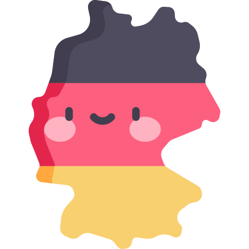 QueerPflege-LSBTIQ-Pflege Eine Cartoon-Karte von Deutschland in den Farben der deutschen Flagge, mit einem lächelnden Gesicht mit rosa Wangen, das die queerfreundliche Pflege für alle betont.