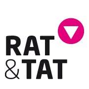 QueerPflege-LSBTIQ-Pflege Das Bild zeigt den Text „RAT & TAT“ in fetten schwarzen Buchstaben mit einem rosa Kreis mit einem weißen, nach unten zeigenden Dreieck oben rechts.