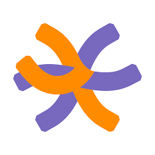 QueerPflege-LSBTIQ-Pflege Ein Logo mit zwei ineinandergreifenden Linien, eine orange und eine violette, die eine stilisierte, abstrakte Form bilden.