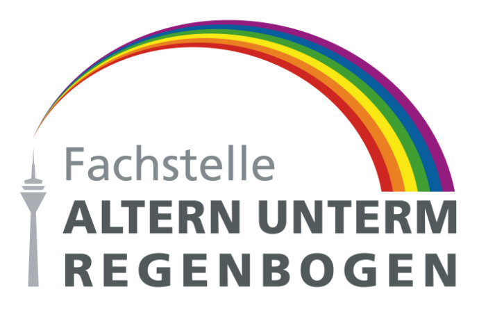 QueerPflege-LSBTIQ-Pflege Logo mit einem überspannten Regenbogen, dem Text „Fachstelle Altern unterm Regenbogen“ und einer Turmsilhouette auf der linken Seite.