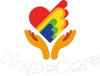 QueerPflege-LSBTIQ-Pflege Logo von HopeCare mit zwei orangefarbenen Händen, die ein regenbogengestreiftes Herz halten, mit dem Text „HopeCare“ darunter.