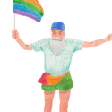 QueerPflege-LSBTIQ-Pflege Illustration einer älteren Person mit Bart, die eine blaue Mütze, ein hellblaues Hemd, grüne Shorts und eine Regenbogenschärpe trägt, eine Regenbogenflagge hält und einen Arm hebt – fängt den Geist der queersensiblen Pflege für LGBTQ+ Senioren perfekt ein.