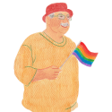 QueerPflege-LSBTIQ-Pflege Illustration einer älteren Person, die eine rote Mütze und einen orangefarbenen Pullover trägt, lächelt und eine Regenbogen-Pride-Flagge hält und so die queersensible Pflege repräsentiert.